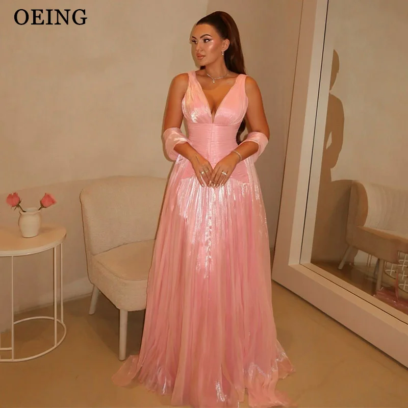 

OEING Elegant A-Line Prom Dress V-Neck Pleats Sleeveless Floor Length Evening Dresses 2025 فساتين سهرة Customized