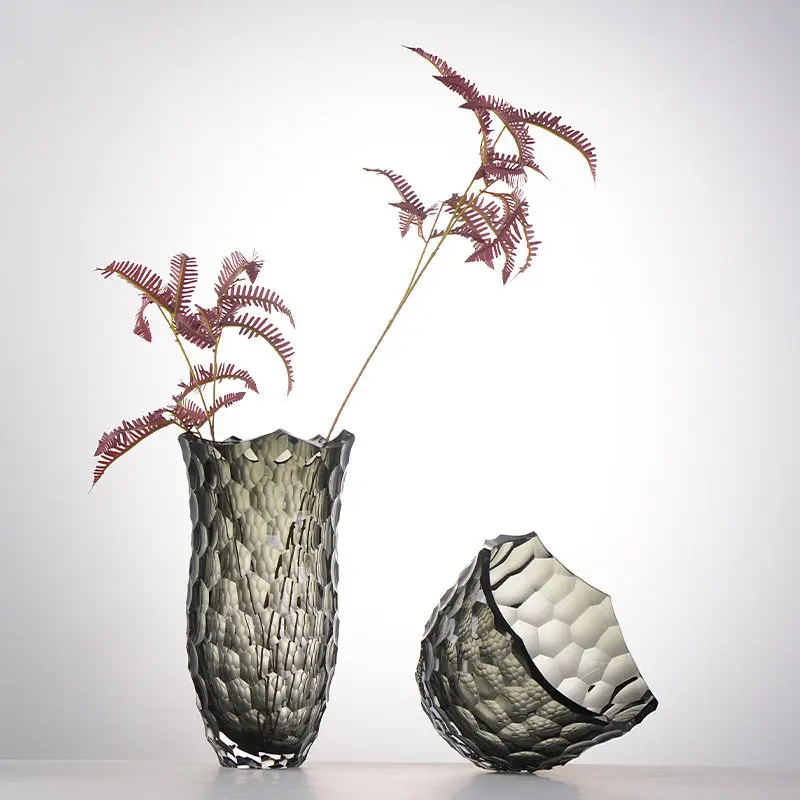 Diamond facet art light luxury high-end wabi-sabi high-end glass vase table glass large-diameter vase