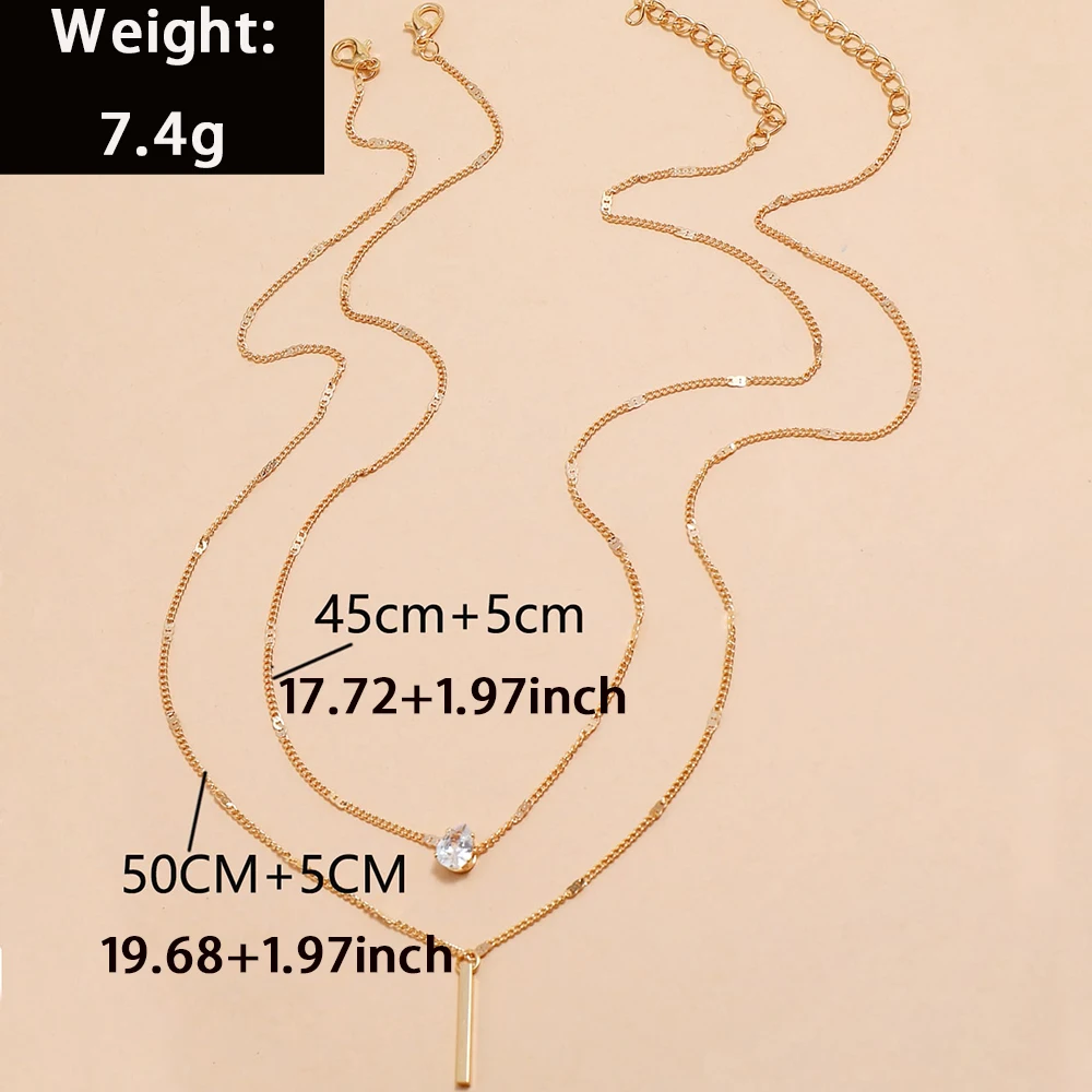 2Pcs/Set Fashion Multi-Layer Water Drop Zircon Bar Pendant Collarbone Choker Simple Metal Long Necklace For Birthday Party Gift