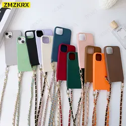 Crossbody Lanyard Leather Chain Cord Liquid Silicone Case For iPhone 16 15 13 12 Mini 11 14 Pro Max XS XR X 8 7 Plus Soft Cover
