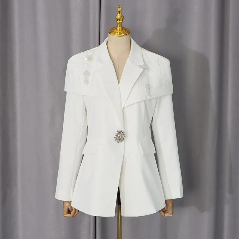 White Rhinestone Beaded Women Blazer Cape Shoulder Long Sleeve Suit Jacket Formal Office Business Blazer Mujer Elegant