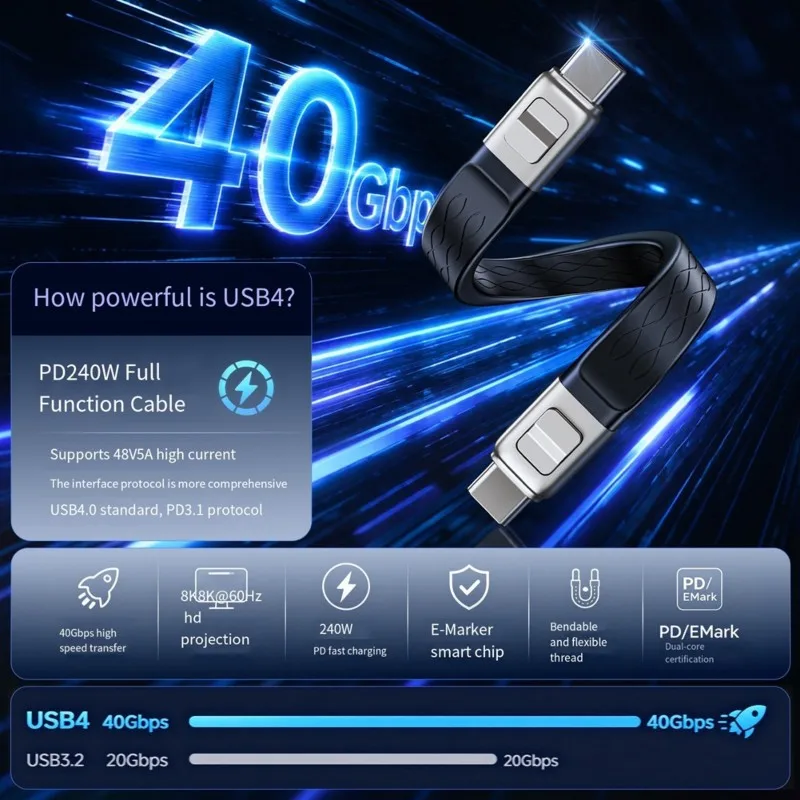 HOT!A72T Portable Hanging Rope Keychain USB4 Data Cable Dual Head Type-C Port Full Function Pd240w Fast Charging