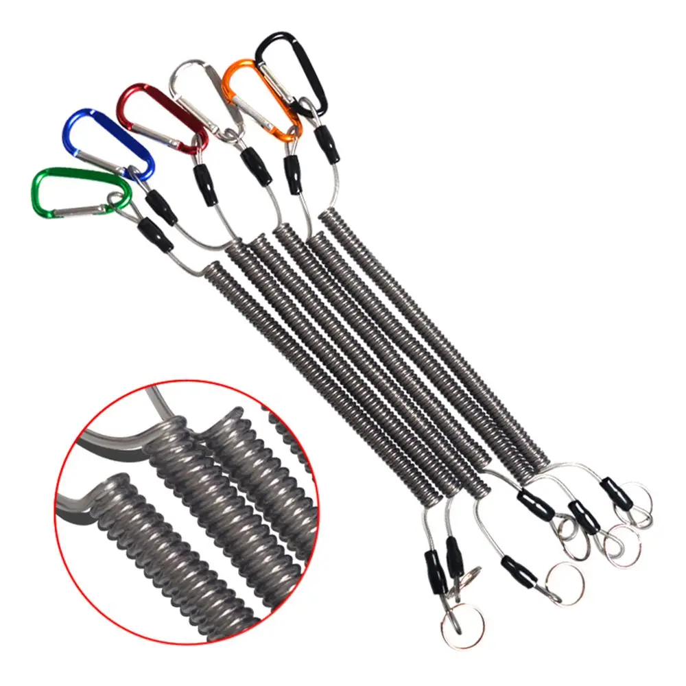 Tool Secure Flexible Outdoor Camping Boating Steel Wire Climbing Retractable Spring Rope Lanyard Carabiner Fishing String