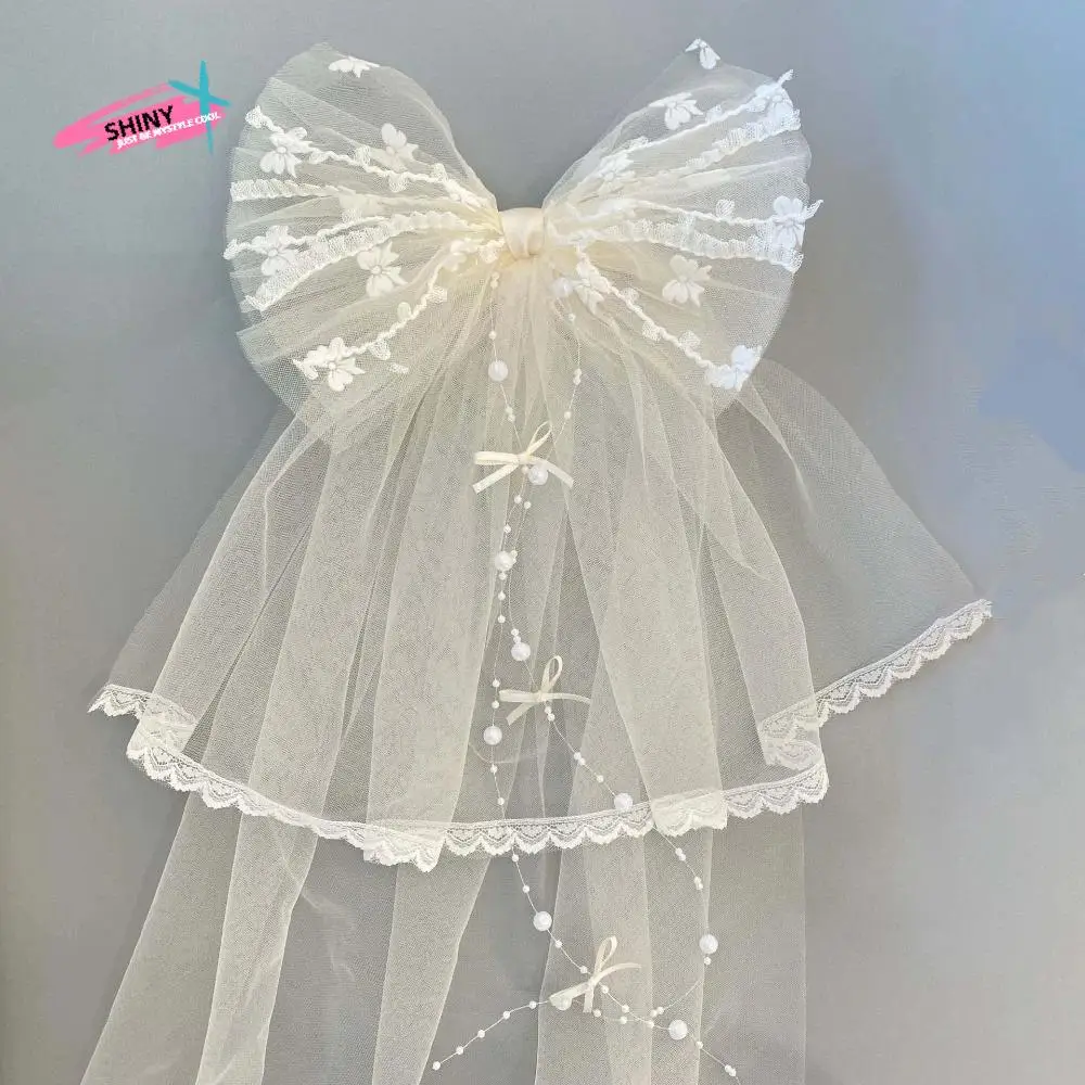 

Креативная заколка для волос с бантом и вуалью, сетчатая кружевная голова для девочек, марлевые бусины, полиэстер, белый свадебный фатиновый головной убор на день рождения