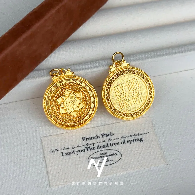 Cynlo Jewelry Luxury 24K 9999 Pure Gold real gold Vintage Hollow Filament Lotus Compasses Pendant Necklace