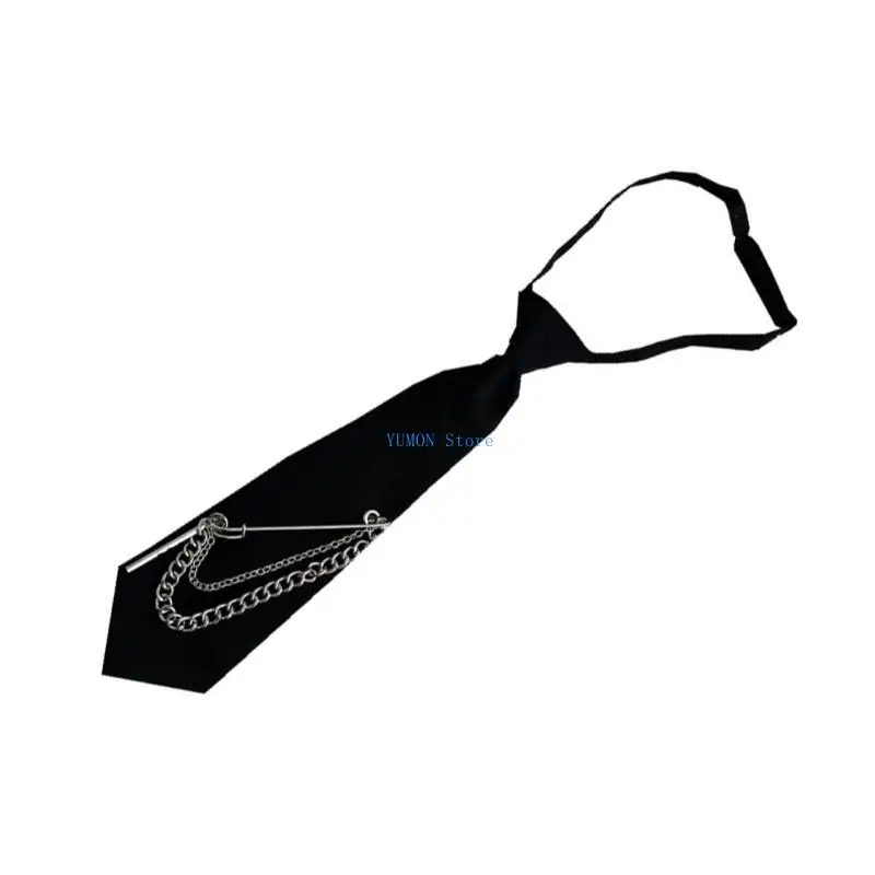 

D0UD Unisex Japanese Preppy Student Uniform Adjustable Pre Tied Necktie Vintage Punk Long Chain Metal Pin Neck Tie Neckwear