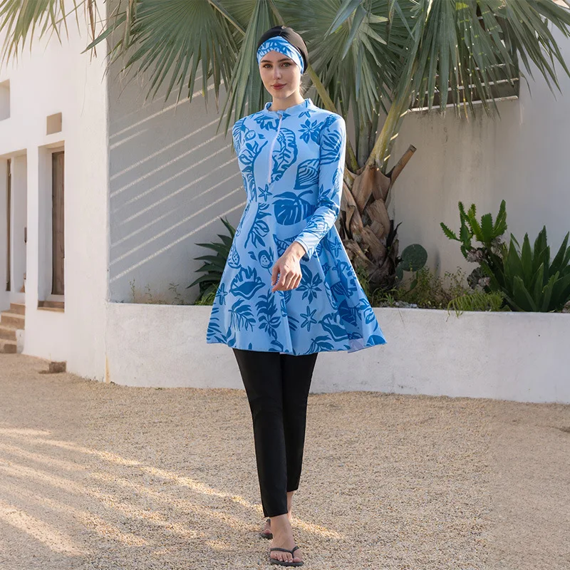 Women 3‑Piece Modest Muslim Swimsuit Long‑Sleeve Flared Tunic Swim Pants Hijab Tropical Print Burkini Conservative Bathing Suit