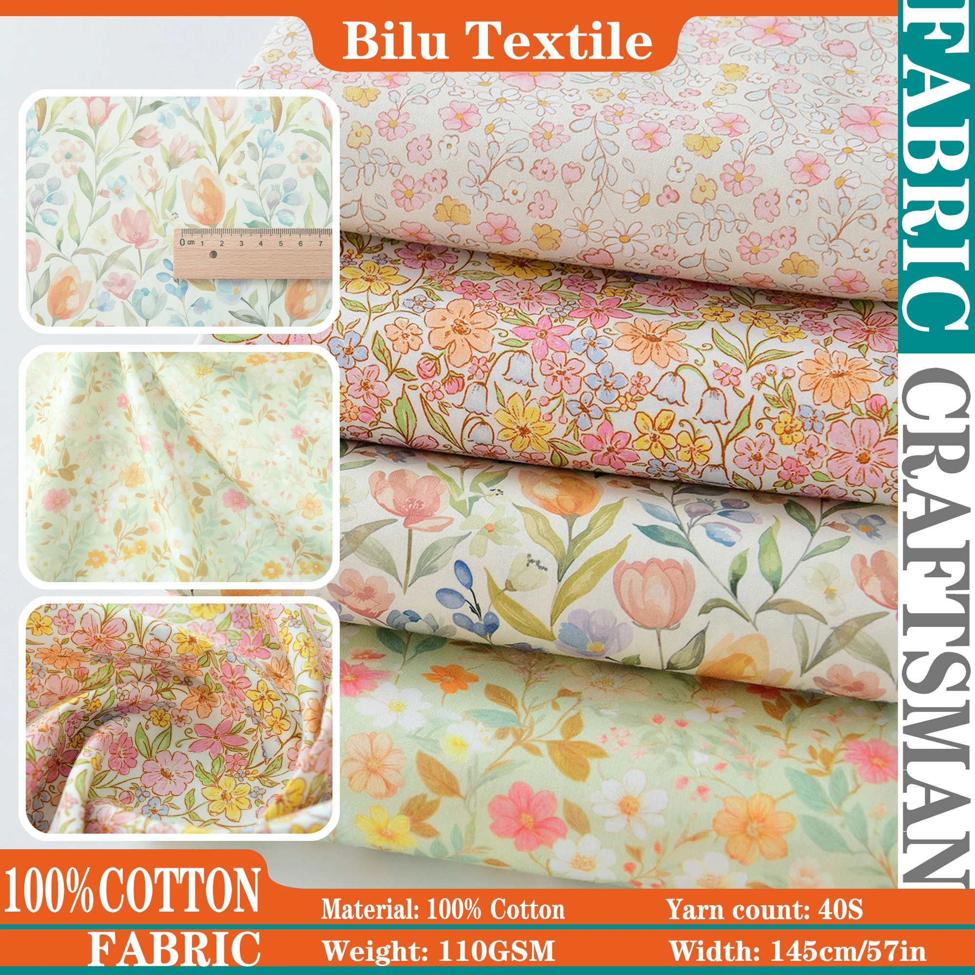 

Handmade Floral Cotton Fabric – DIY Country Style Dress, Shirt & Skirt Material (by Meter)