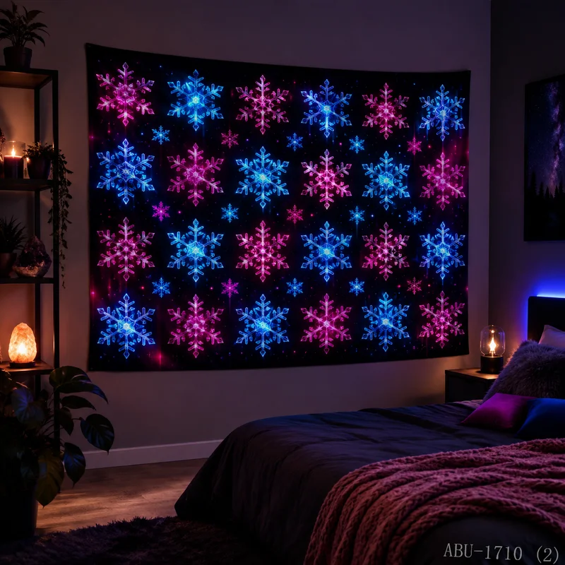 VIKAMA Pink Blue Neon Snowflake Starry Sky Christmas Tapestry Wall Hanging Decor for Living Room