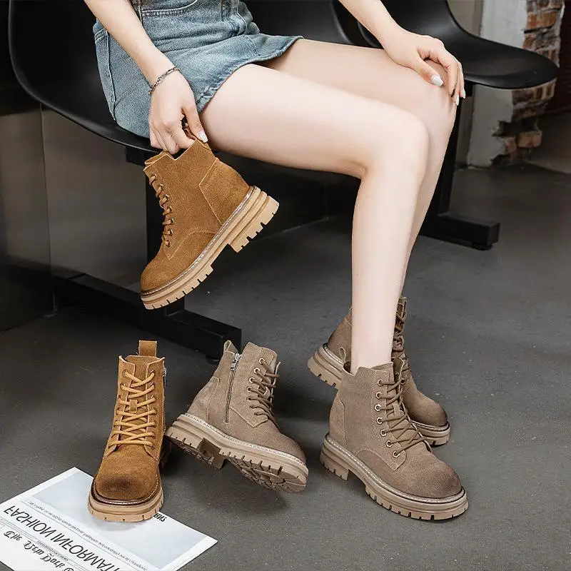 

Genuine Leather Boots Cotton Lined Motorcycle Style Britsh Fashion Low Cut Booties Side Zipper Closure Winter Ready
