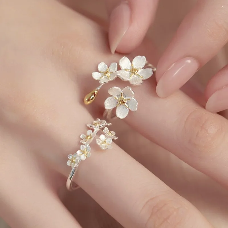 Ins Trendy Simple Flower Rings for Women Girls Retro Three-Dimensional Blossom Branch Opening Finger Ring Fashion Jewelry Gifts