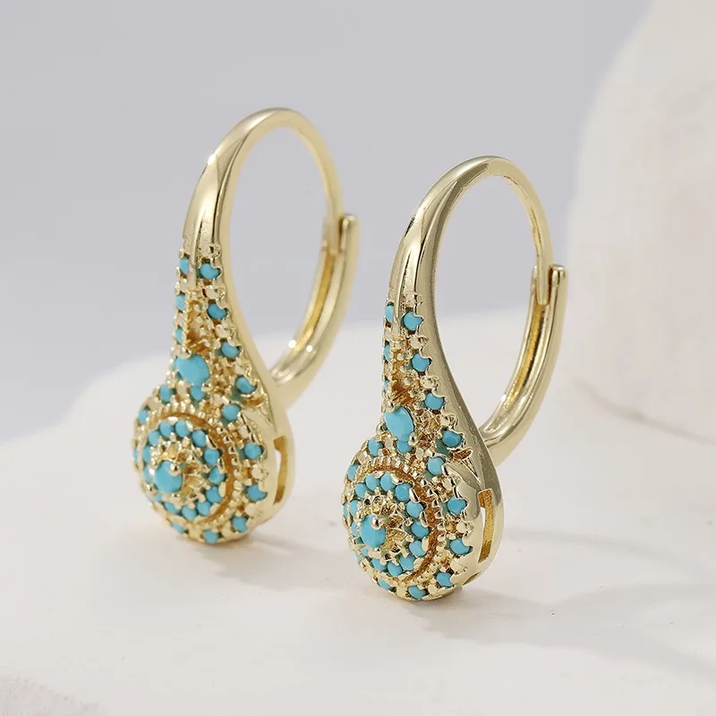 Elegant Fashion Synthetic Turquoise Golden Plated Hoop Earrings for Women Exquisite Formal Occasions Banquet Jewelry Accessories