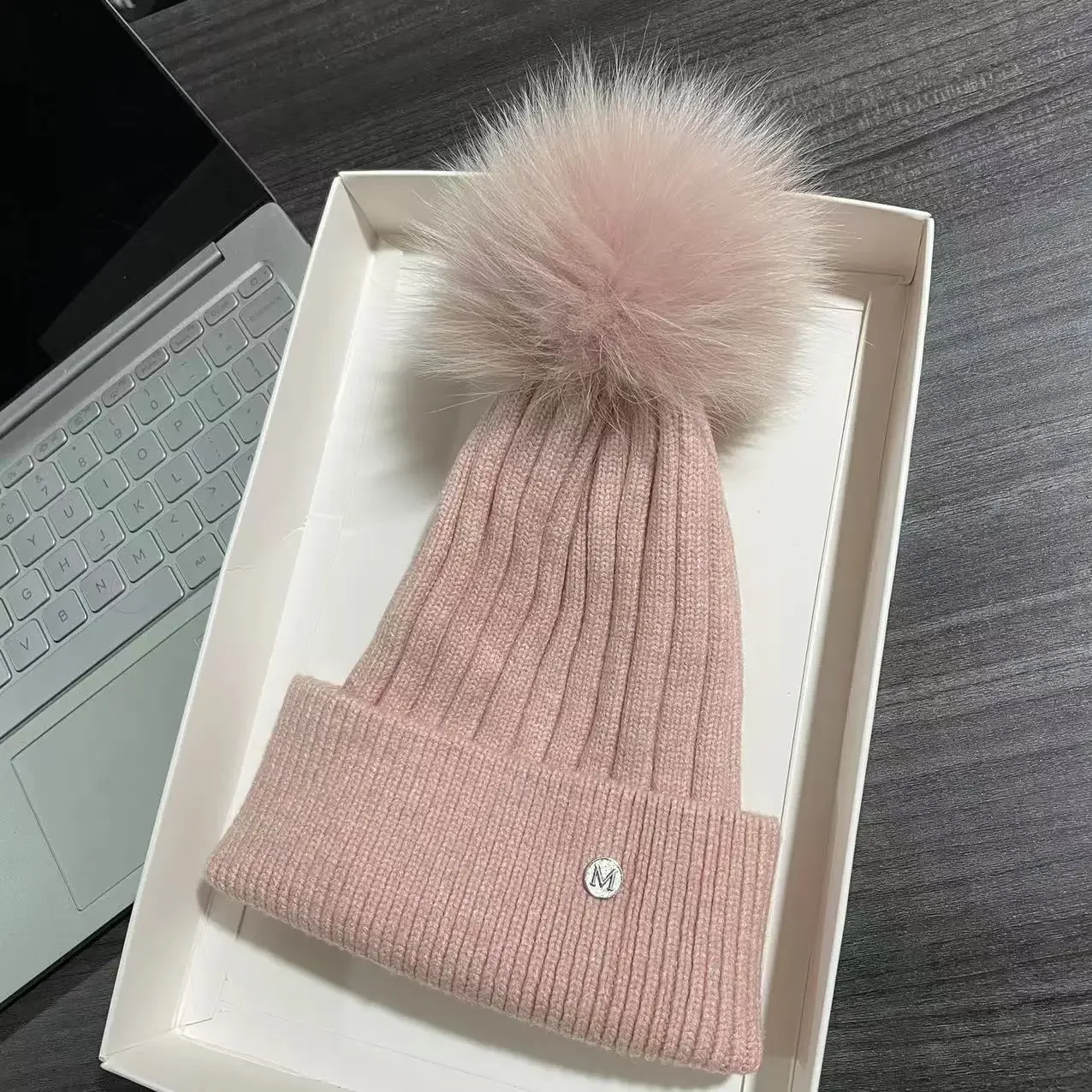 Winter fox Fur Pompom Hats letter M Beanies Women Knitted Wool Hats Outdoor Thick Warm Hat Casual Fashion Cap