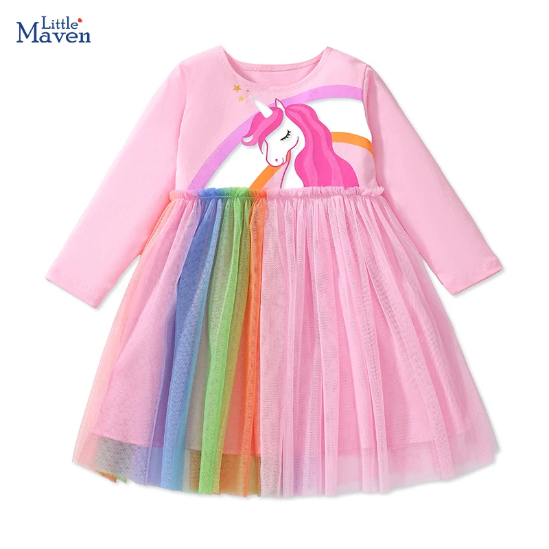 Little maven Children\'s Clothing Girls 2024 Autumn Spring Kids Clothes Long Sleeves Cartoon Rainbow Unicorn Mesh Dress Cotton