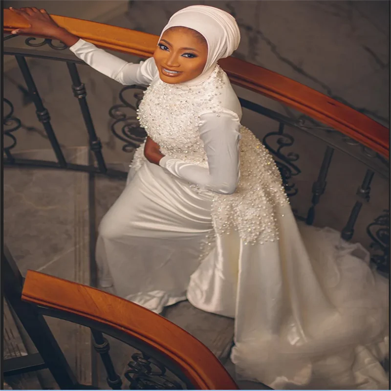 

Saudi Arab Wedding Dress High Neck Long Sleeves Pearls Beadings Muslim Bridal Gown with Detachable Skirt Custom Bride Dresses