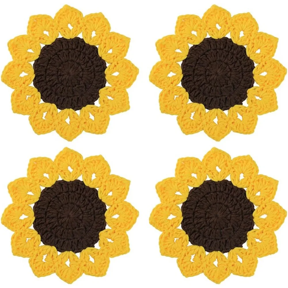 

Handmade Crochet Coasters Cute Drink Coaster Set For Coffee Table Tabletop Protection Home Decor-Sunflower-4 PCS