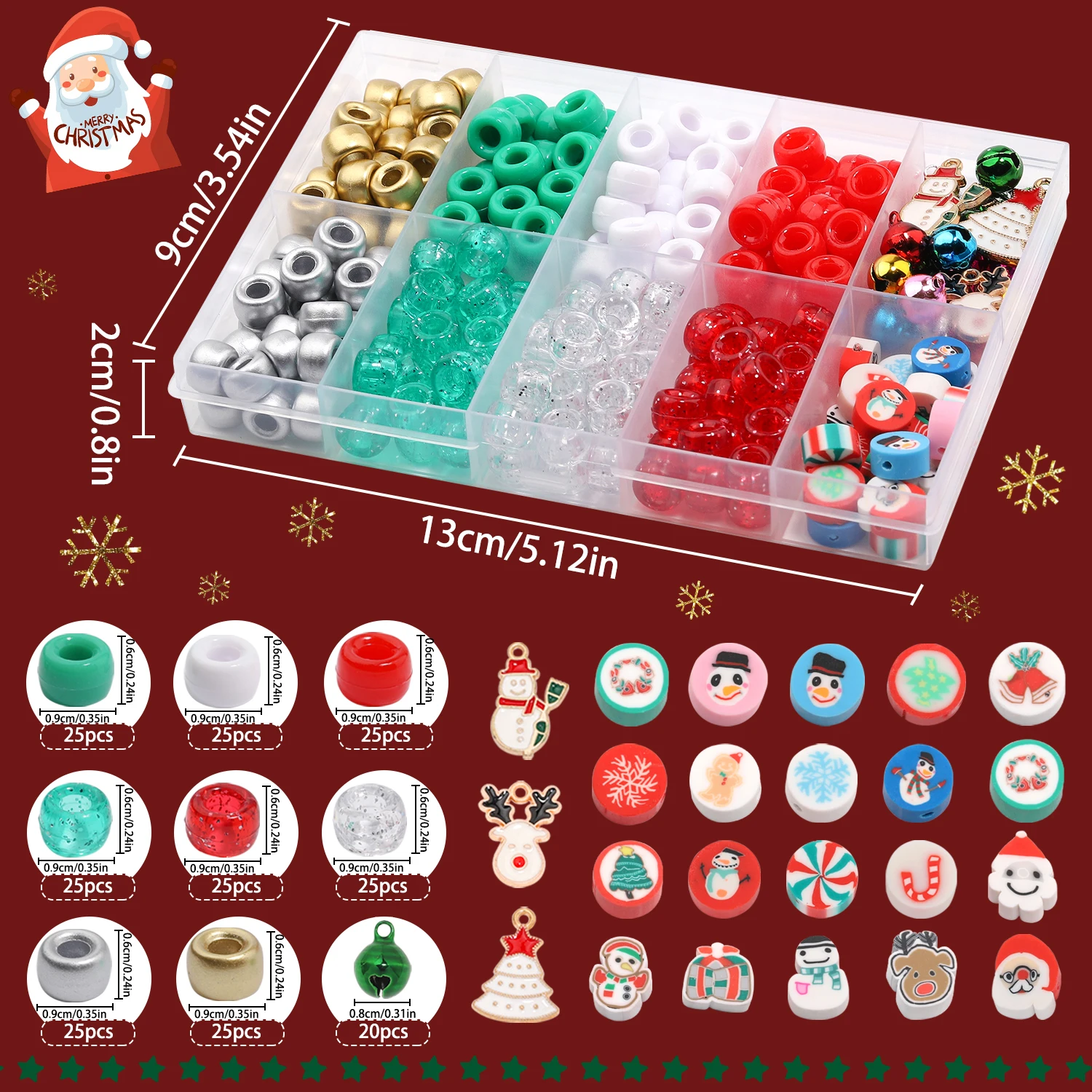 Christmas Bead Kits Gift Box Polymer Clay Pony Beads with Bells Charms Jewelry Making Kit Set Elastic Cord for DIY Bracelets