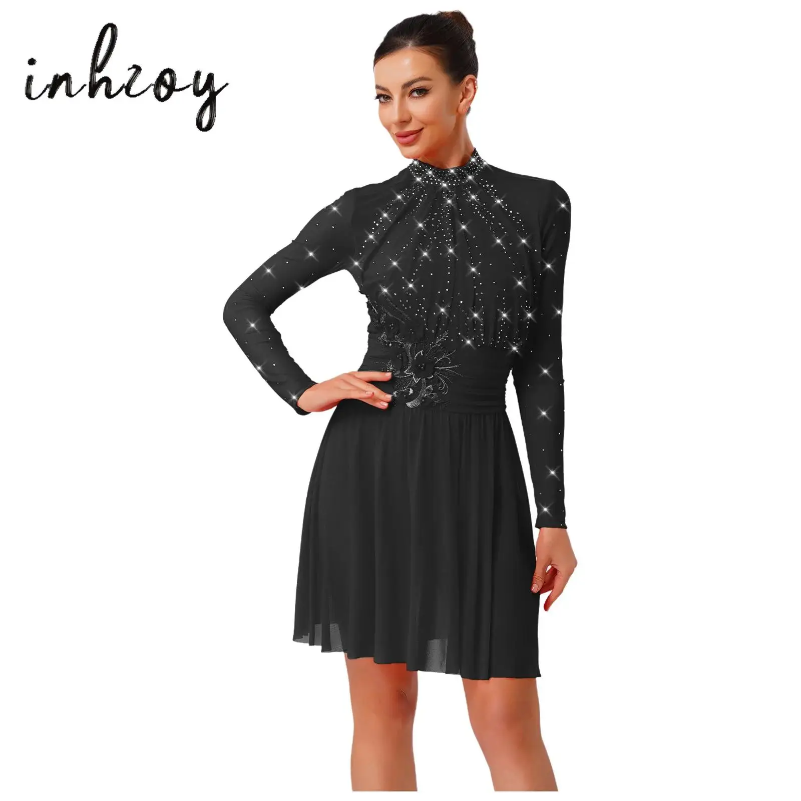 

Womens Lyrical Dance Dress Embroidery Applique Shiny Rhinestones Long Sleeve Ruched Leotard Dress for Figure Skating Gymnastics