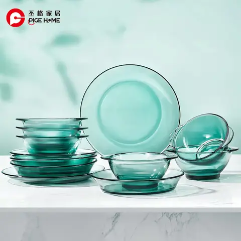 PIGE HOME High Borosilicate Glass Tableware Emerald Green Light Luxury Salad Bowl Dinner Plates Heat-resistant Glass Water Cups