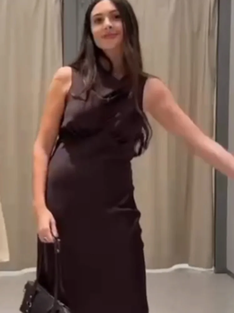 여름 여성 패션 솔리드 백리스 장식 버튼 지퍼 롱 드레스 여성 브이넥 민소매 허리 새틴 텍스처 드레스