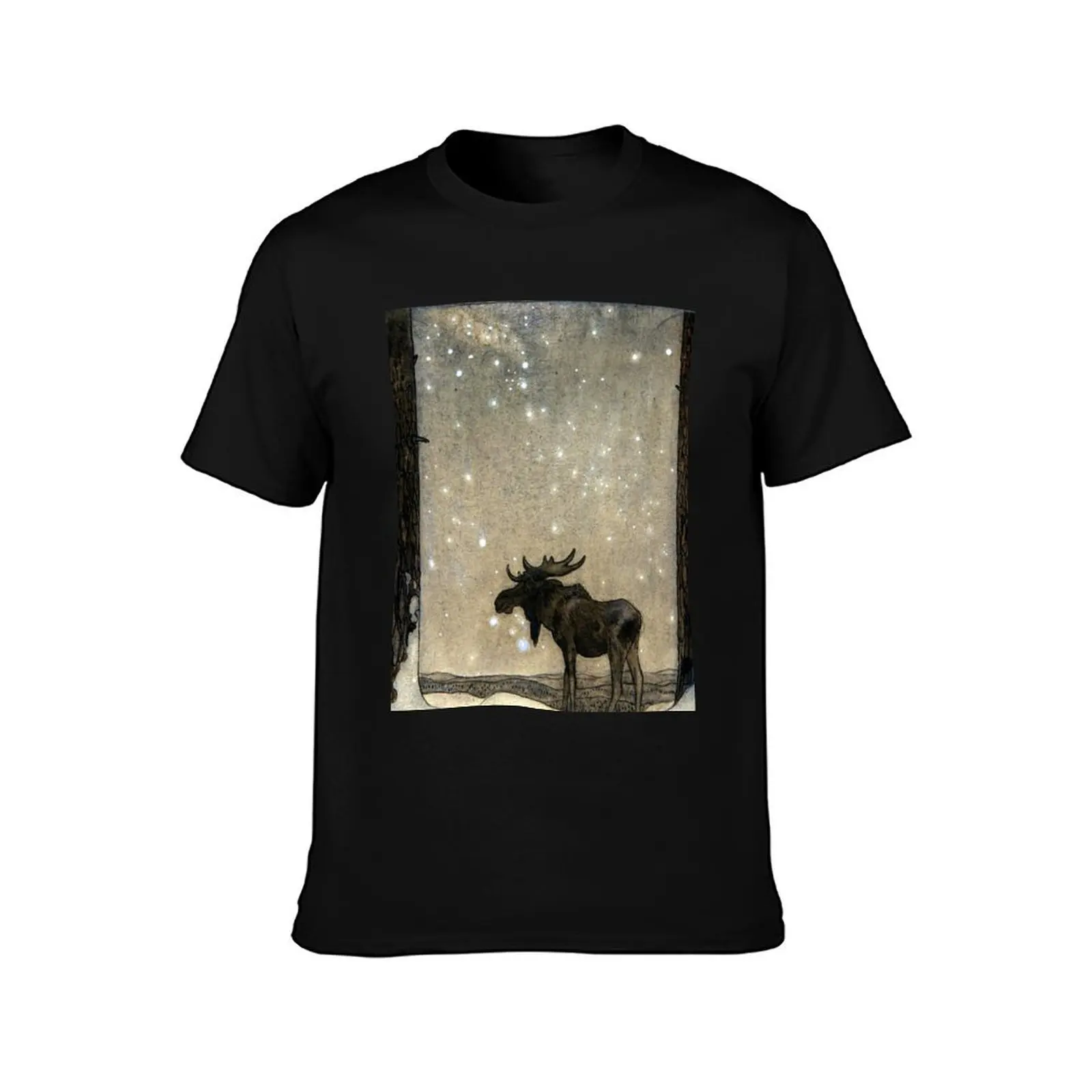 Leap the Elk in the Snow at Night - John Bauer T-Shirt Graphic Print Short Sleeve T-Shirt