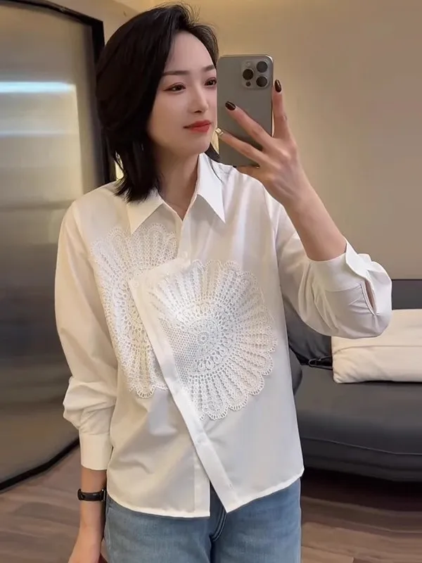

Elegant Unique Long Sleeve White Shirt Women's Spring 2025 New Style Ageless Chic Top Sweet College Style Straight Cut