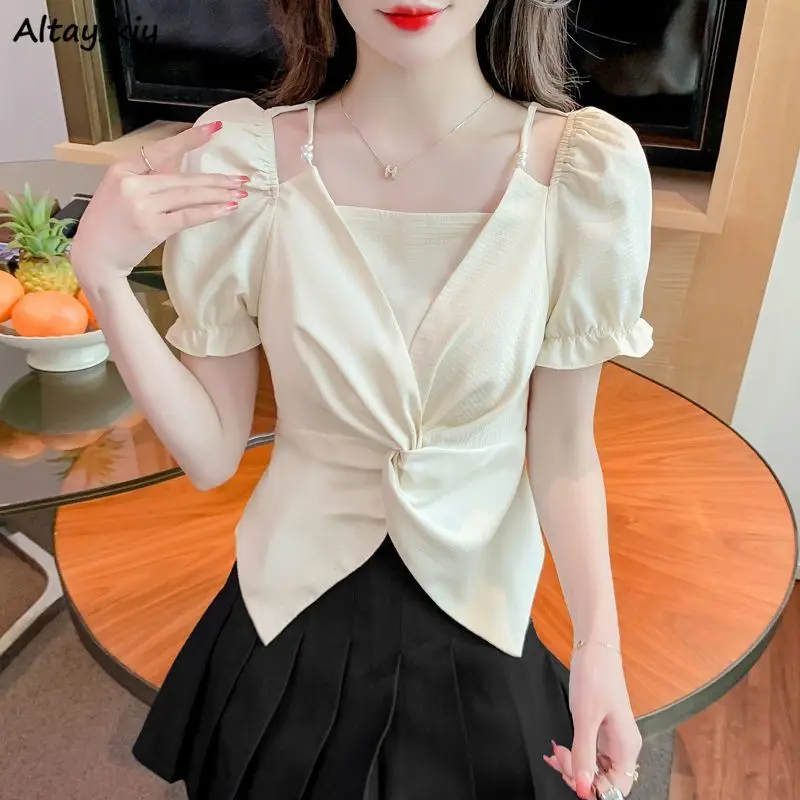 Women Short Sleeve Blouses New Summer Korean Style Trendy Simple Folds Design Elegant Slim Tender Sexy All-match Pure Color Ins