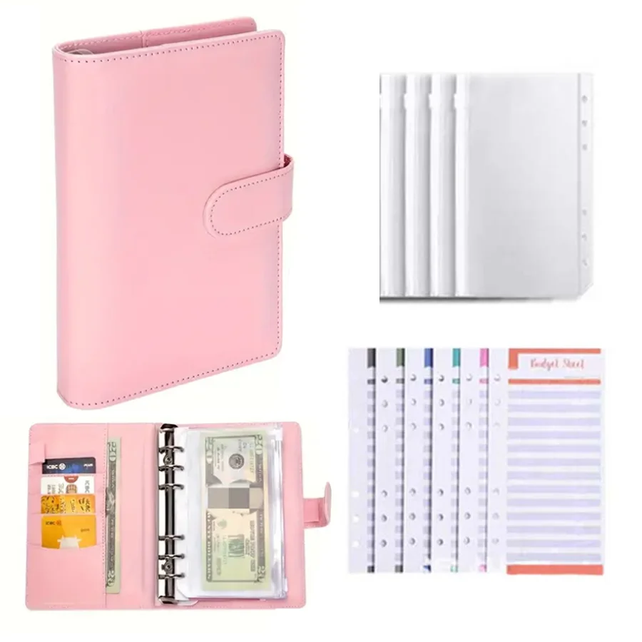 PU Leather Budget Binder With Cash Envelopes Pockets Zip Small French Budget Pouch Binder For Saving Money A6 Planner Organizer