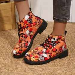 Woman Lace-up Short Leather Boots  Fashion Platform Shoes Trend Punk Leather Fashion Christmas Print Botas Plus Size 42