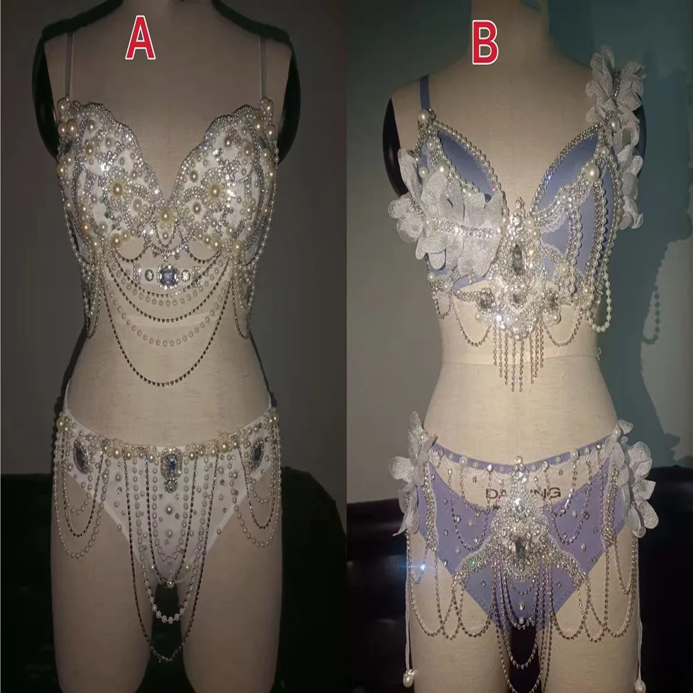 Rhinestone Dress Birthday Celebrate Prom Party Show Nightclub Pole Dance Costume Pearl Rhinestone Bikini