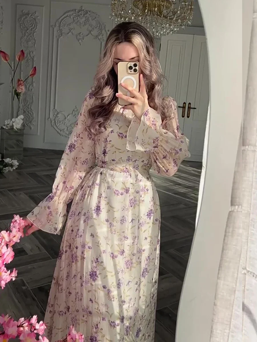 Eid Party Dress for Women Floral Chiffon Sweet Vestidos Eid Muslim Abaya Dress Jalabiya Ramadan Dubai Abayas Arab Long Robe 2024