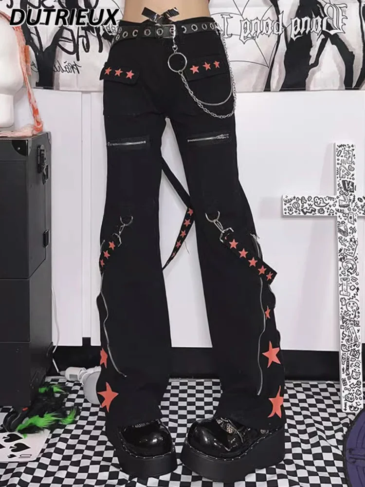 Zipper Design Y2k Black Working Wear Jeans Women's Spring and Autumn Punk Style Slimming High Waist Slim Bell-Bottom Pants