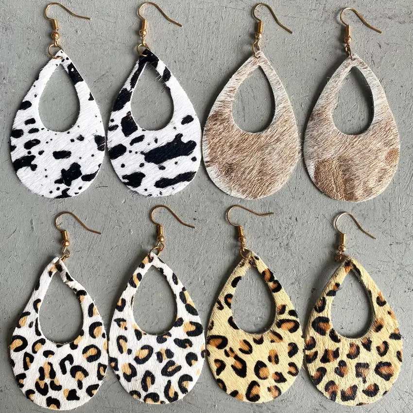 Cowhide Leather Cutout Teardrop Earrings for Women Animal Print Gold Blocking Leopard Earrings Jewelry Wholesale