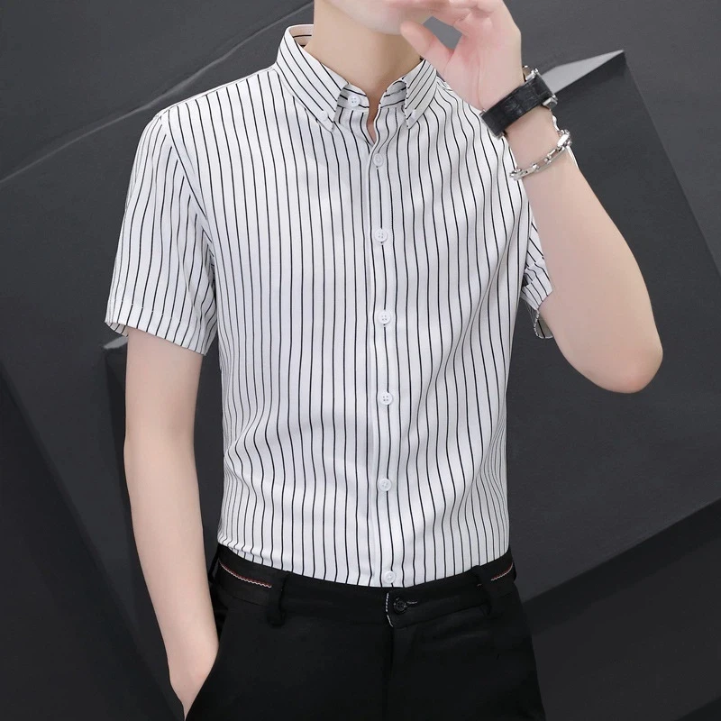 

Men's White Black Striped Short Sleeve Dress Shirt Button Down Collar Slim Fit Formal Business Top