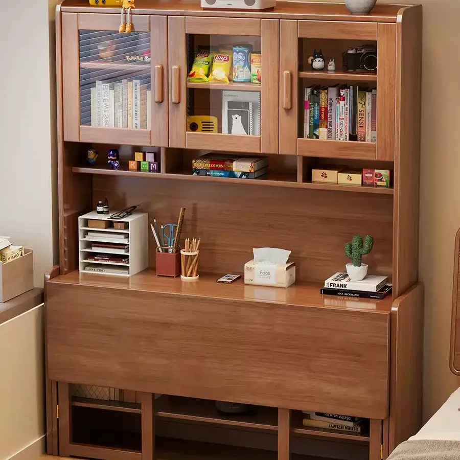 

one-piece retractable computer desk, bedroom bedside, solid wood bookcase integrated, simple office learning