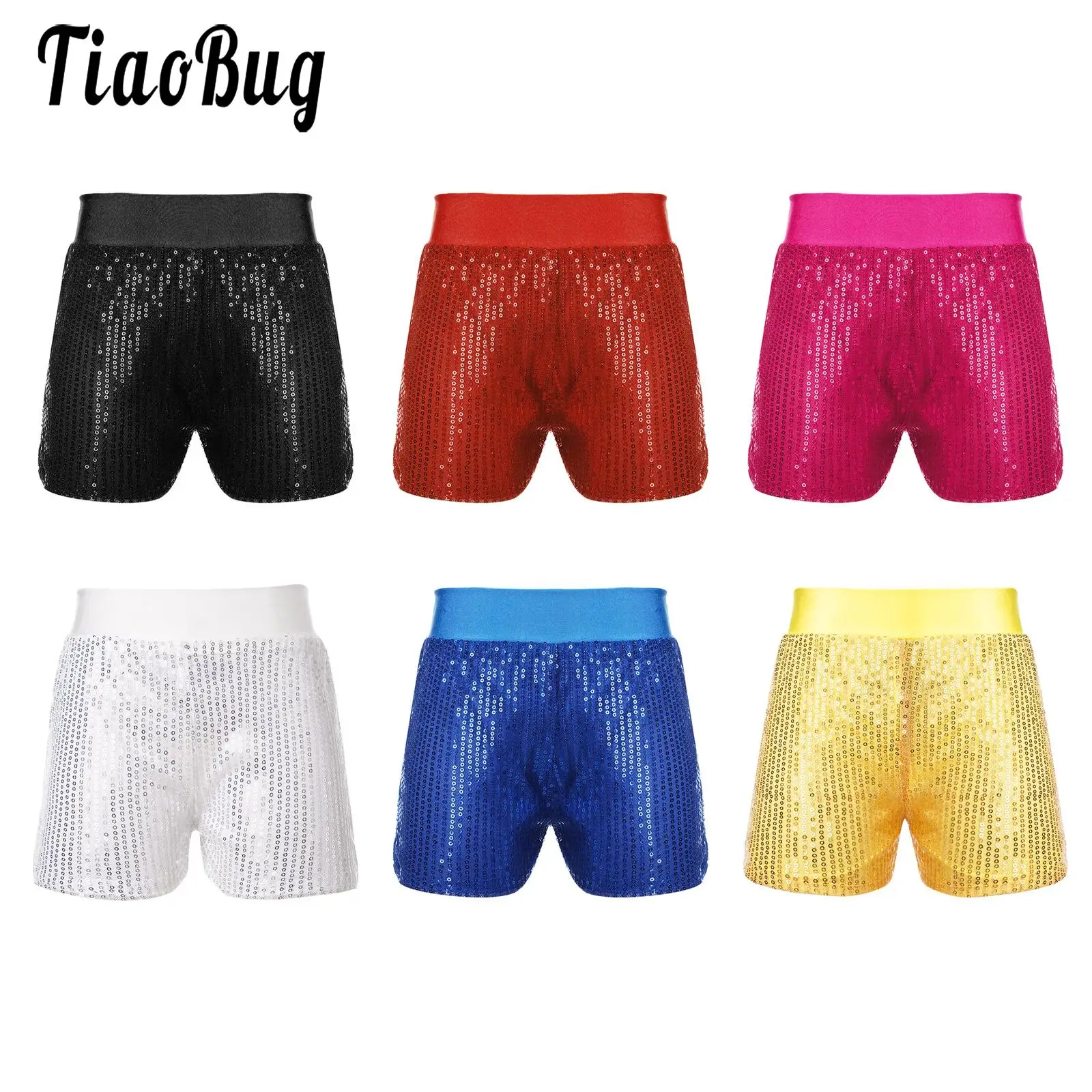 

Kids Girls Sparkling Sequins Dance Shorts Solid Color Elastic Waist Shorts Girl Stage Performance Jazz Hip Hop Street Dancewear