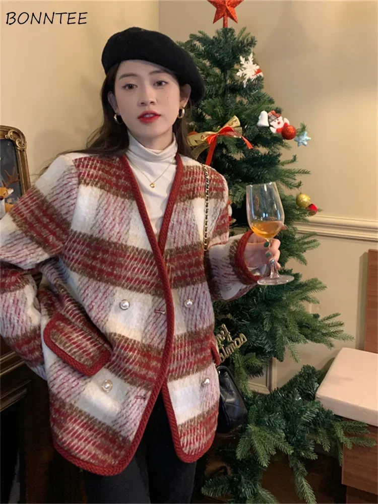 

Plaid Wool Blends Women V-neck Winter Coat Temper Baggy Fashion Elegant Warm Streetwear Mature Commuter All-match Females Daily
