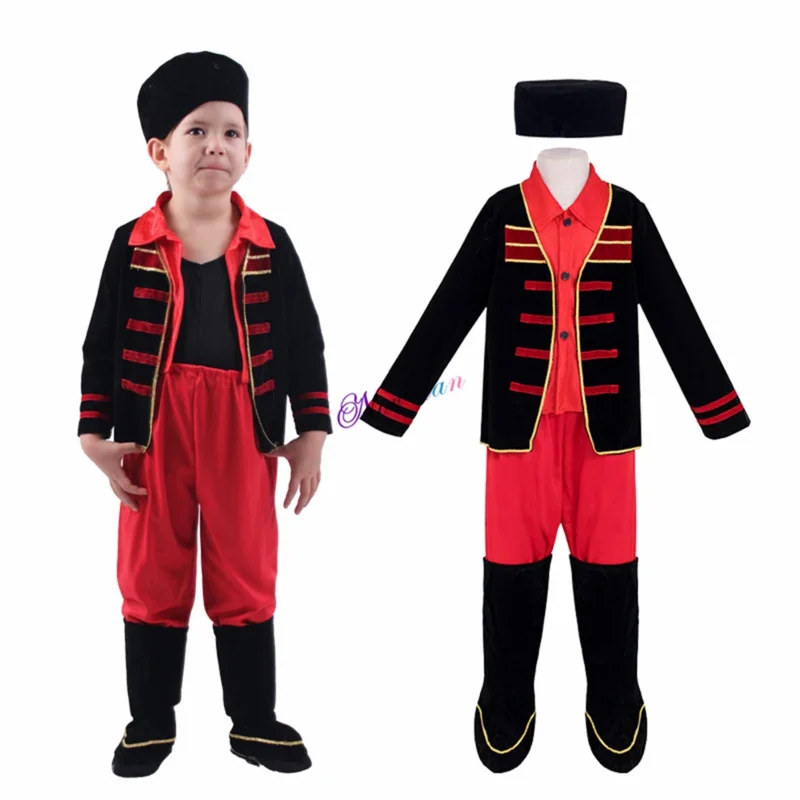 

Russian Boy Costume Europe National Suit Birthday Party Drama Stage Dance Costume Russia Traditional Clothing Jacket Hat