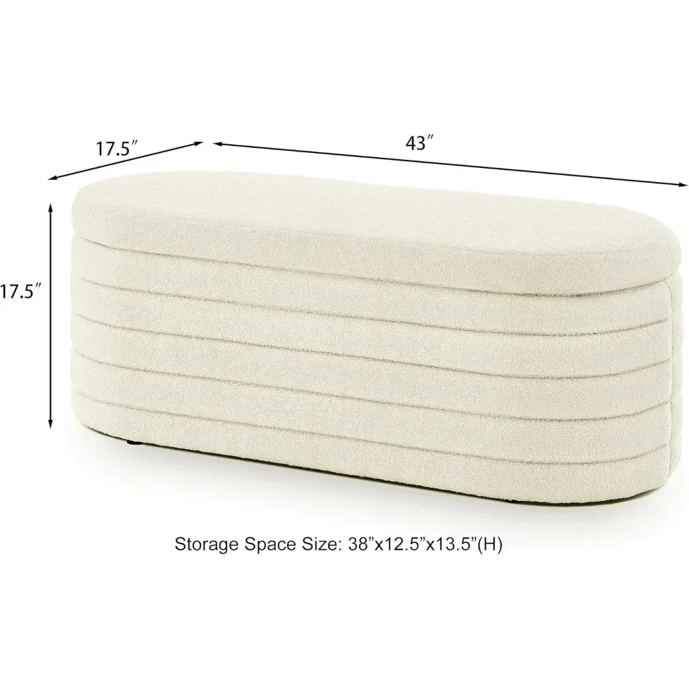 Storage Bench, Upholstered Oval Ottoman, End of Bed Stool with Safety Hinge for Bedroom, Living Room, Entryway