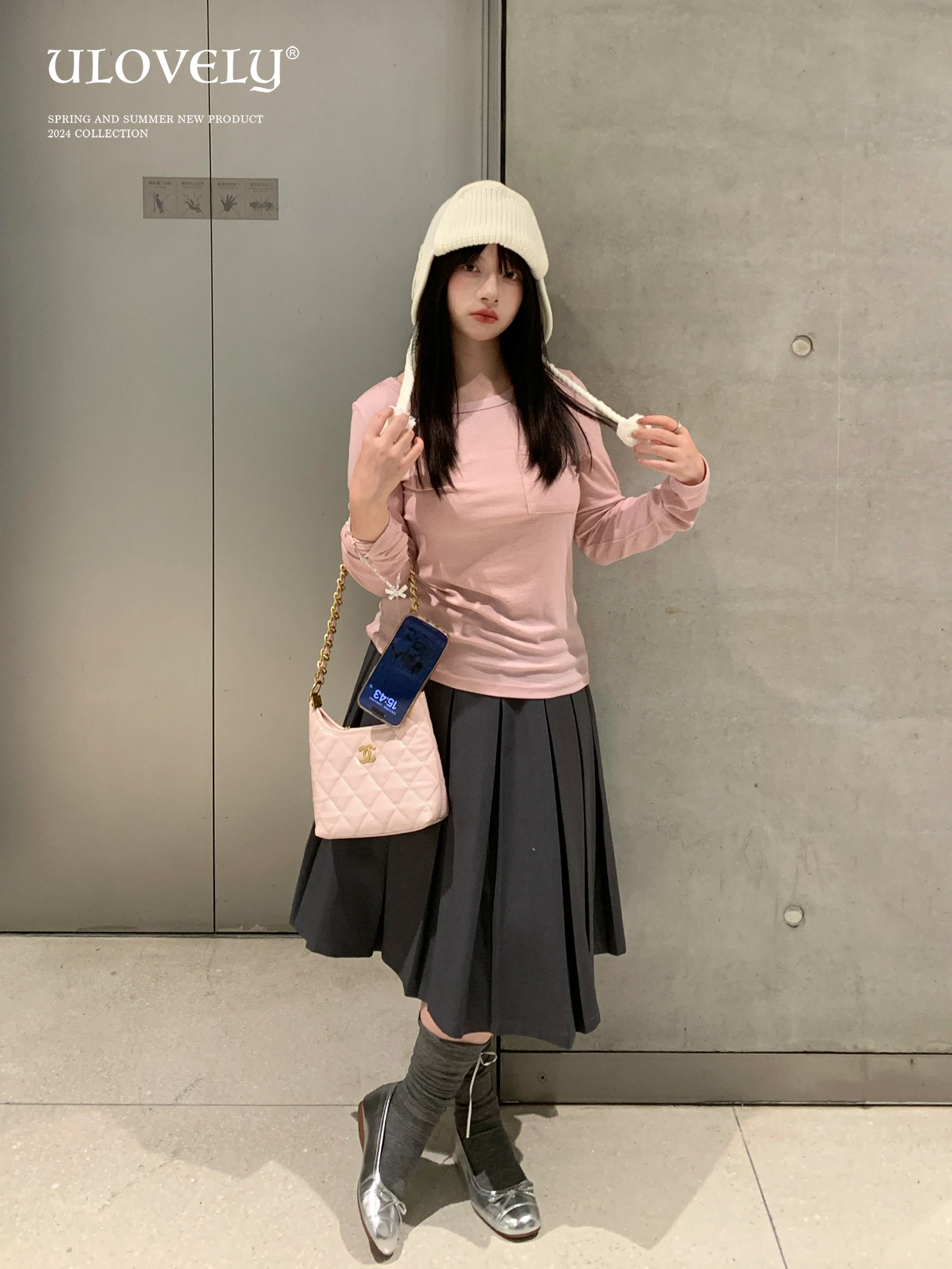 

Ulovely Shiny Pleated A-Line Midi Skirt plus Size Women's High Waist Long Sleeve Color Korean Style Slimming Skirt