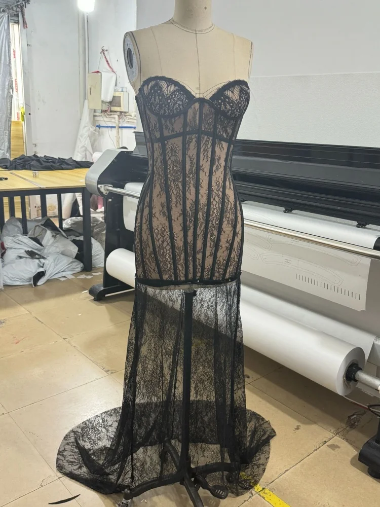 VC Gala Ethereal Glamour Lace-Detailed Black Strapless Backless V Neck Mermaid Gown with Sheer Mesh Maxi Dress