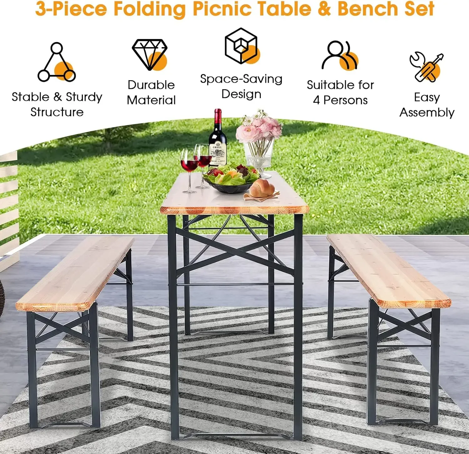 3 Piece Folding Picnic Table Bench Set, Foldable Wood Picnic Table with 2 Benches with Heavy-Duty Metal Frame, Space-Saving