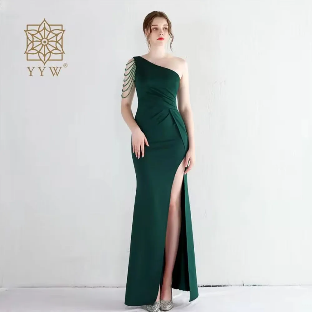 2022 Mermaid Long Evening Dress High Slit Vestido De Noche Vintage Beading Evening Dresses Asymmetric Sleeves Green Party Gown