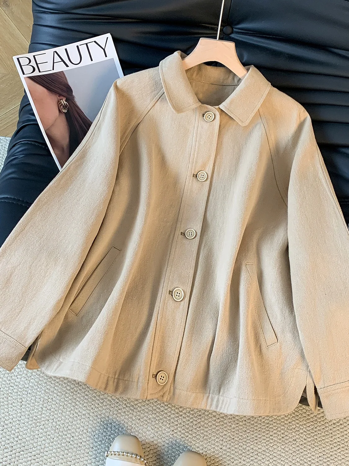 Retro Style Pure Cotton Plaid Jacket Short Outerwear Women's Casual Loose Large Size Collar Stand-up Top Autumn Wear