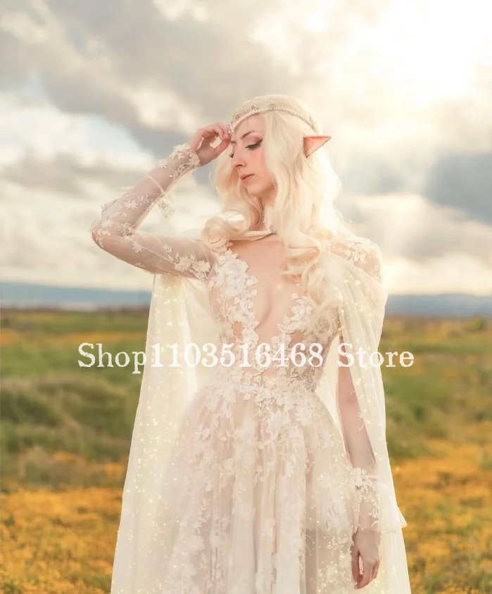 Fantasy Medieval Elf Evening Dresses White Long Sleeve Appliqued See Through A-Line Long Dress Parade Fairy Ancient Evening Gown