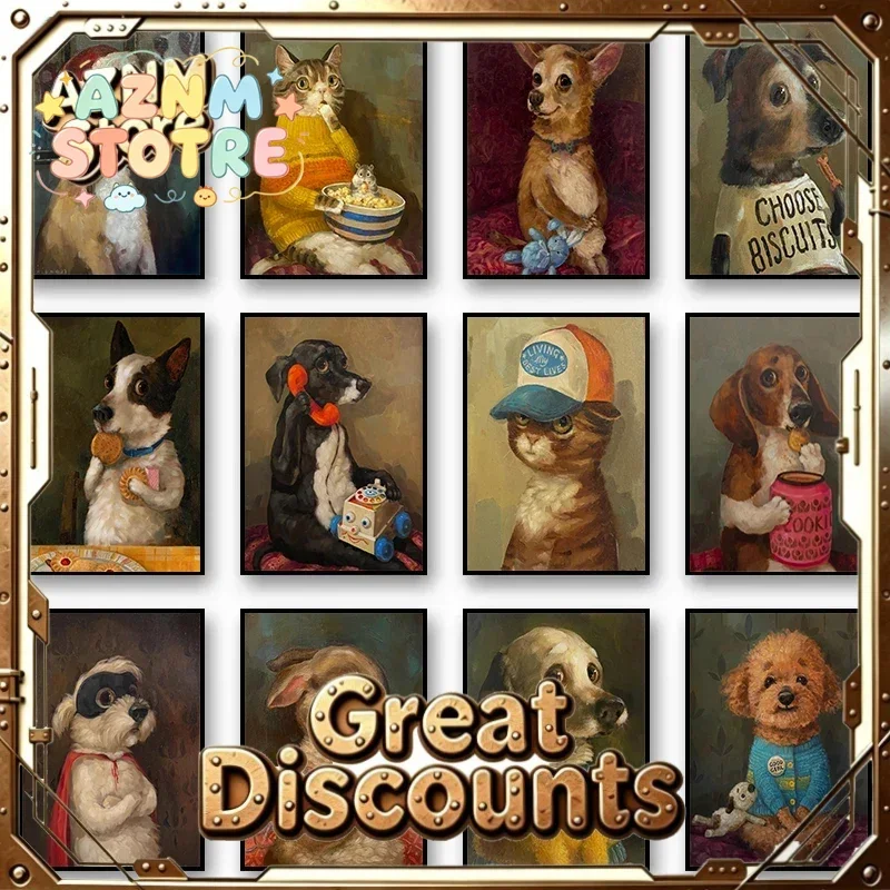 Funny Cute Puppy Dog Eating Pizza Vintage Animal Canvas Poster Print Retro Art Living Room Decor Kitten Eating Cookies Painti