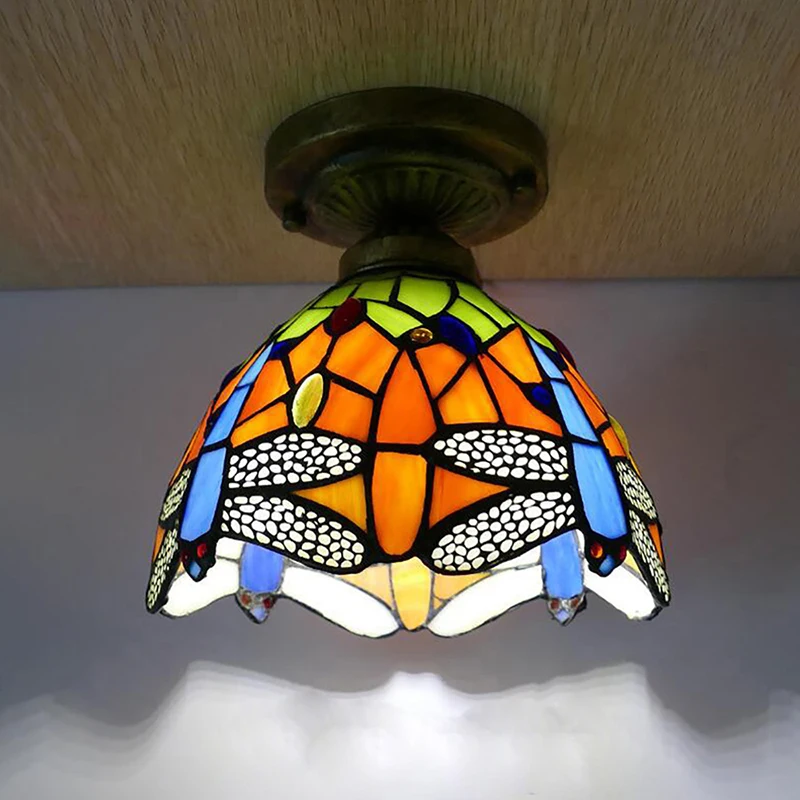 OUFULA Tiffany Ceiling Light American Countryside Bedroom Study Modern Creative Bar Counter Corridor Colored Glass Ceiling Light