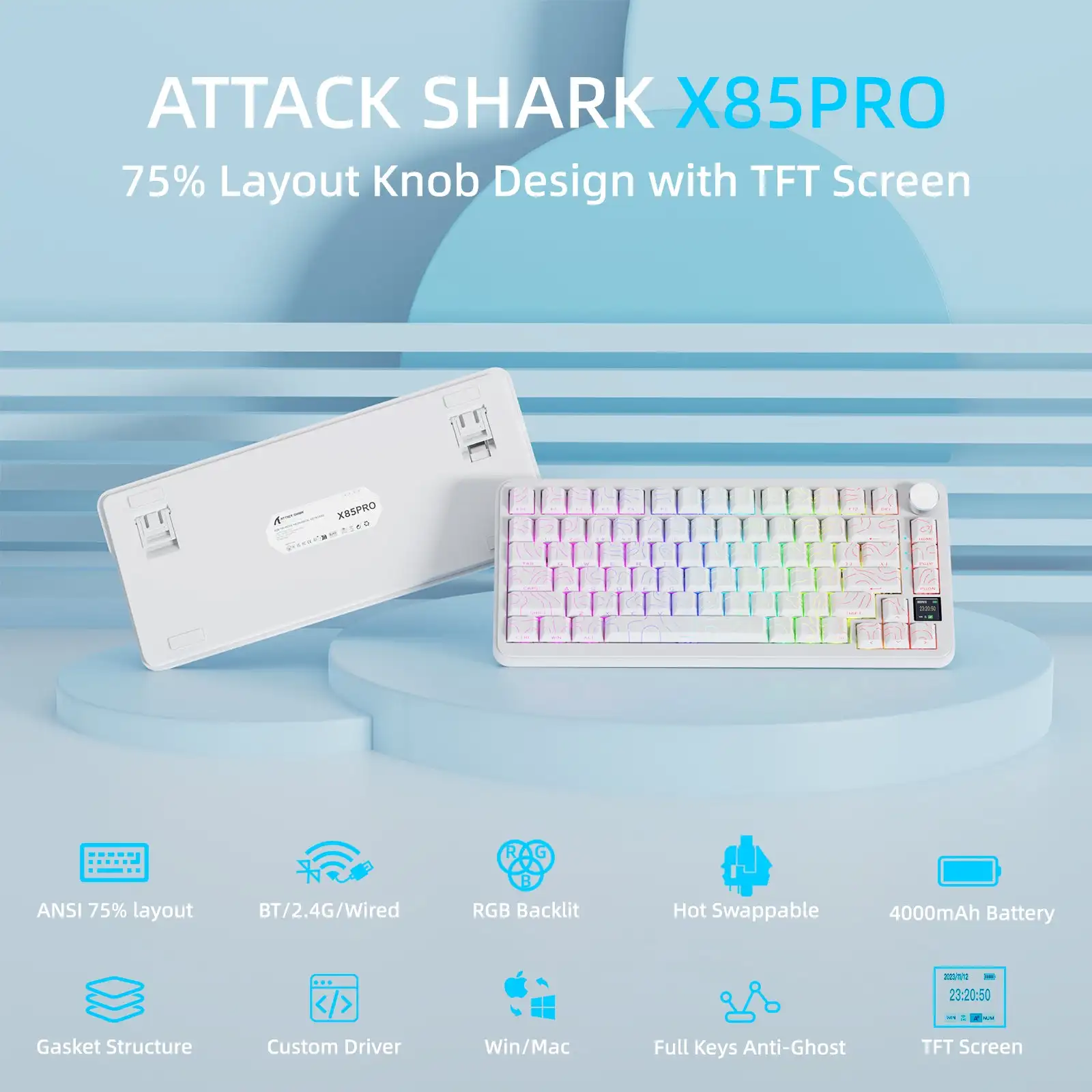 Attack SharkX85 PRO 75% Tri Mode Mechanical Keyboard Smart Color Screen 4000mAh Large Battery Gasket Mount Full Key HotSwap RGB