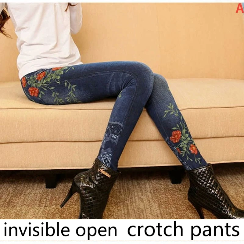 Open-Crotch Pants [Velvet/No Velvet] Leggings Women's High Waist Imitation Denim Printed Pants Invisible Zipper Sex Free off