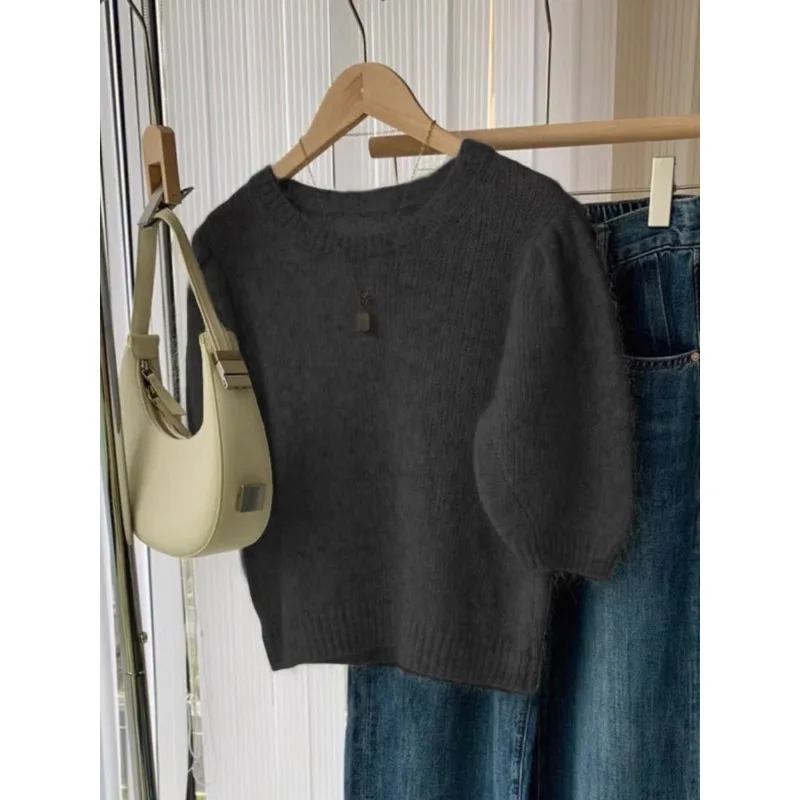 100 czysty kaszmir, dzianinowy kardigan z krótkim rękawem, damski T-shirt z okrągłym dekoltem i krótkim półrękawem